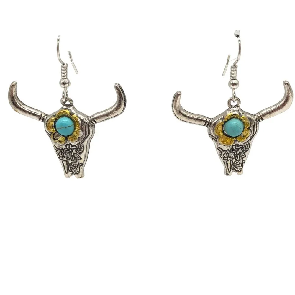Steer Head Earrings Silver and Faux Turquoise